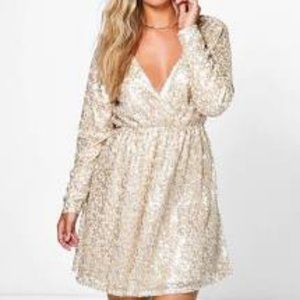 Boohoo + Gold Sequin Wrap Dress